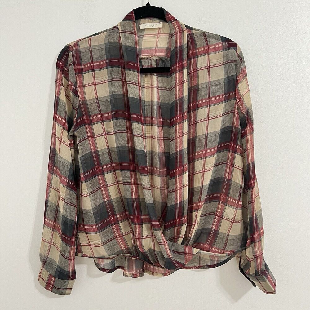 Sophie Rue Plaid‎ Sheer Blouse Size M Red Beige Layer Cottage Core Long Sleeve